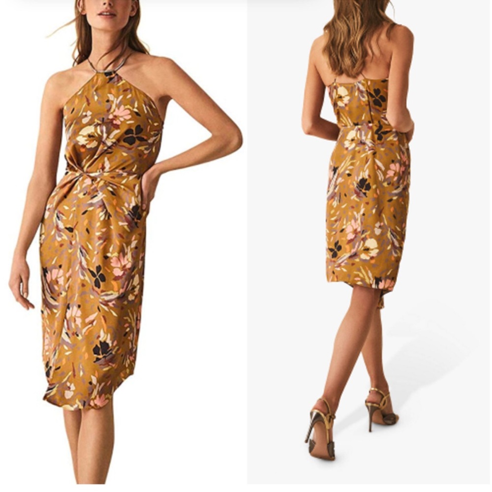 Reiss Mustard Floral Halter Asymmetrical Midi Dress